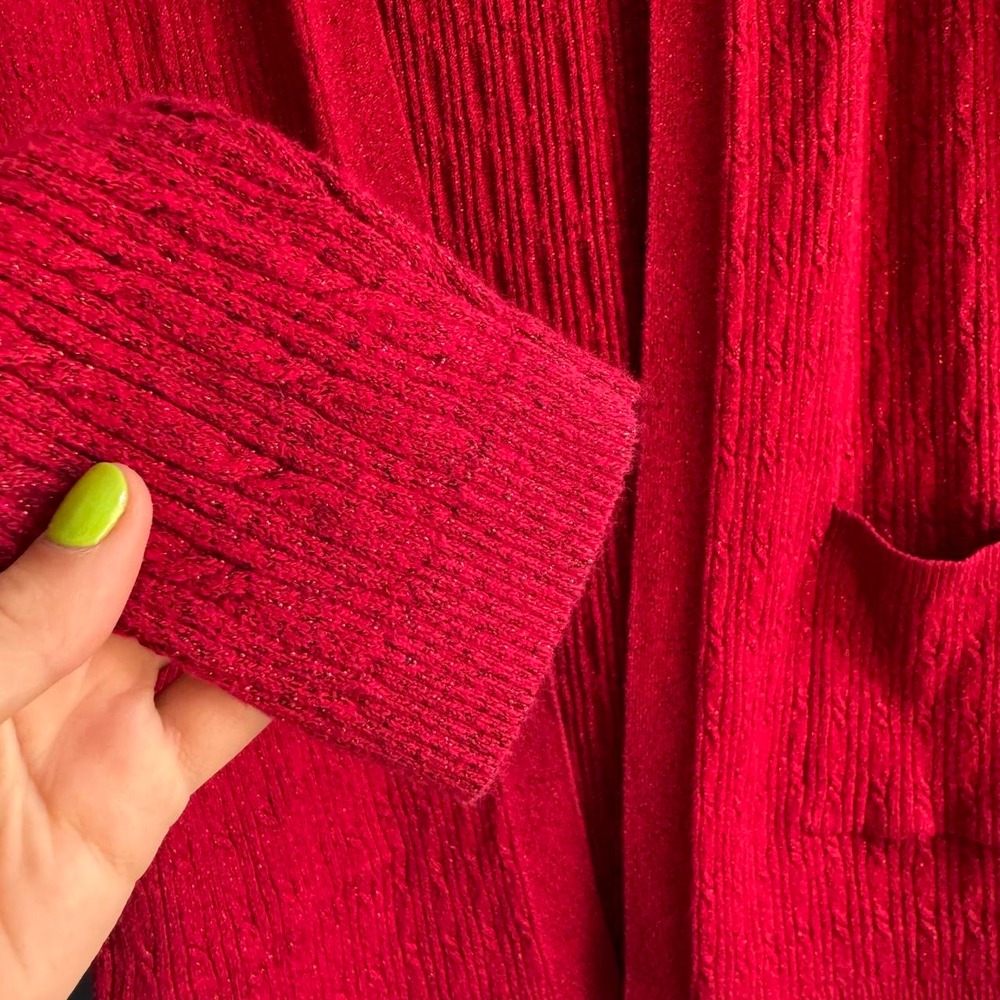 Y2K Glitter Cardigan Women's Size Small Red Metallic Open Front Knit Kim Rogers - Picture 4 of 8